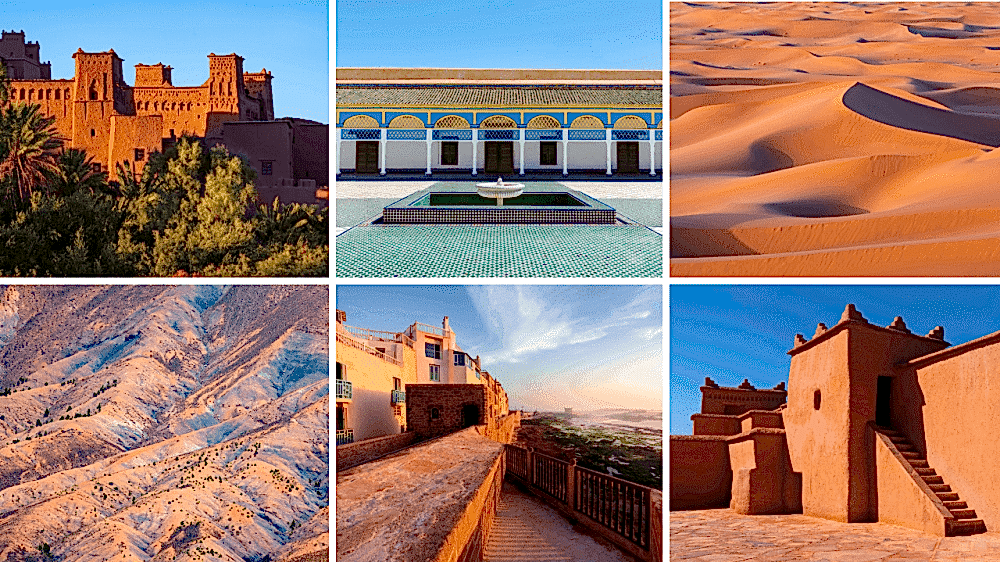 Landscapes and architecture of Morocco, featuring deserts and historical sites