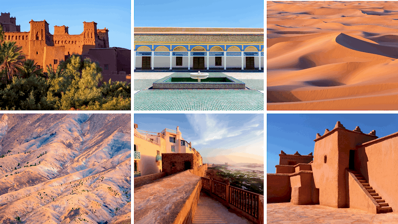 Landscapes and architecture of Morocco, featuring deserts and historical sites