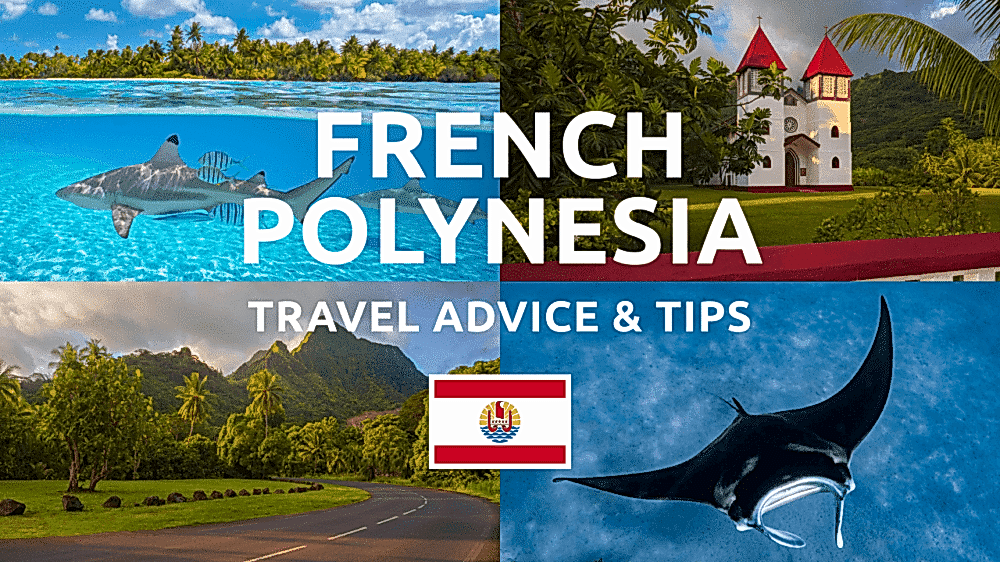Collage of French Polynesia's landscapes, marine life, and cultural sites