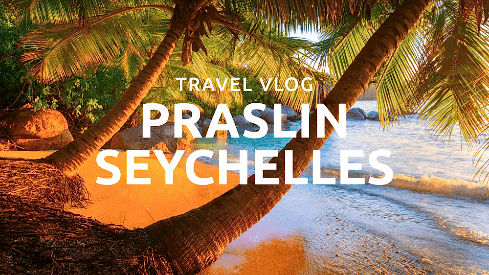 Tropical beach scene with palm trees on Praslin, Seychelles